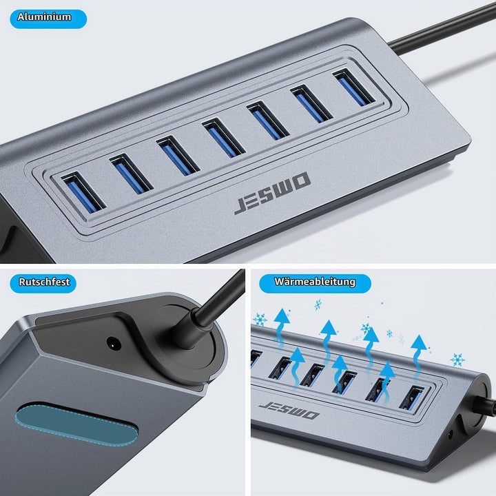 JESWO USB HUB mit Netzteil, Aluminium USB 3.0 Hub Aktiv mit 7-Port USB Verteiler 3.0 mit 5V/4A Netzt