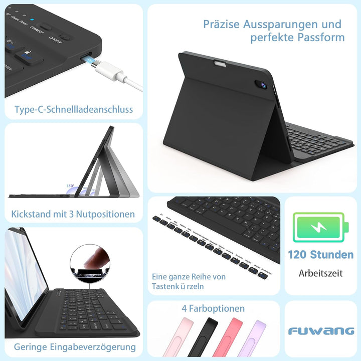 Hülle mit Tastatur für iPad Air 11 Zoll M4/M3/M2 &amp; Air 5./4. Gen,Soft Touch DE Schwarz Deutsch, DE S