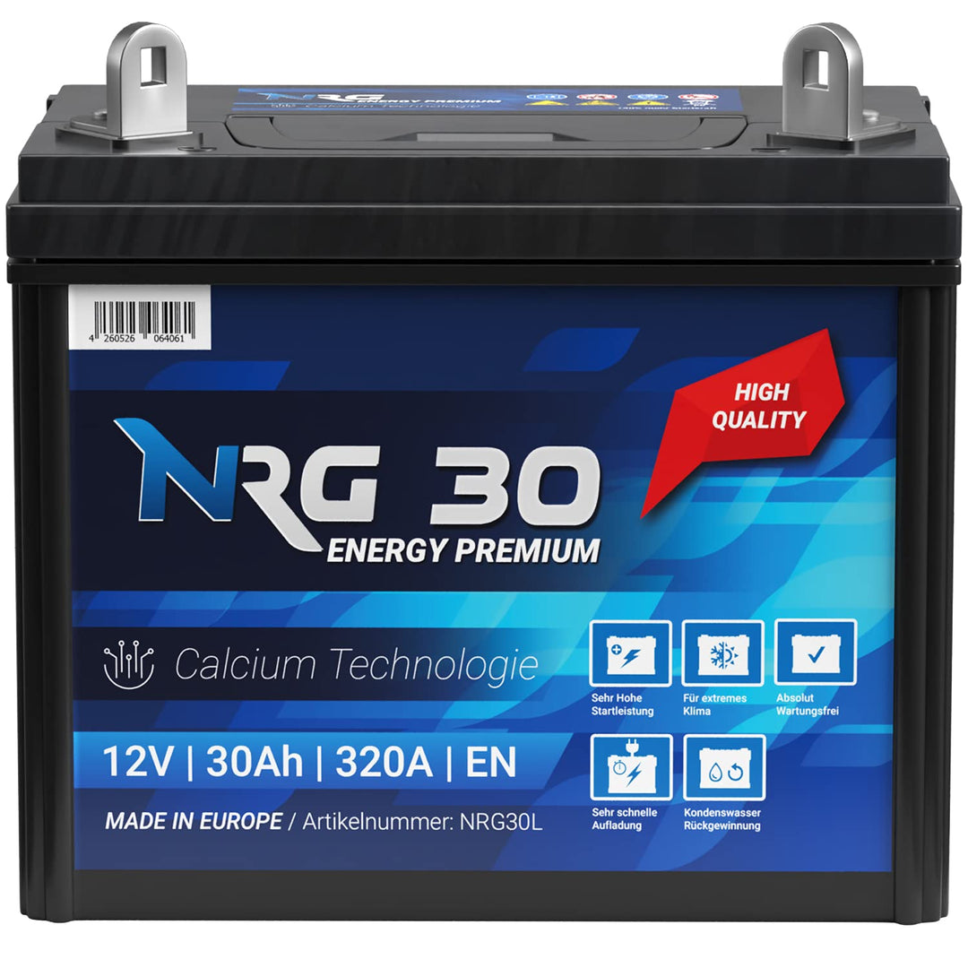 NRG Premium Batterie 30Ah 12V Rasentraktor Aufsitzmäher Plus Pol Links Fleurelle MTD Partner John De
