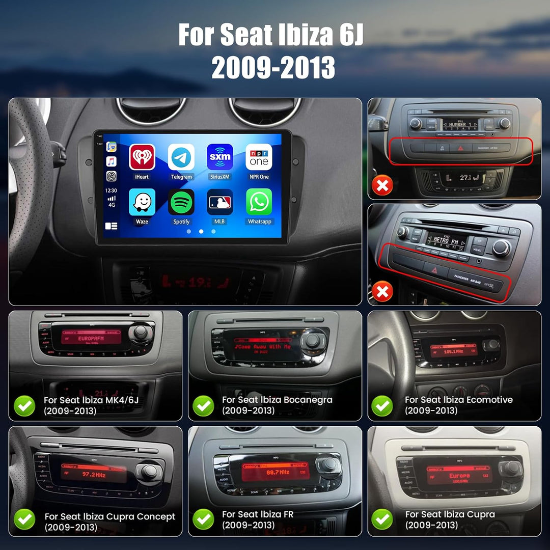 Hikity 4+64G Autoradio für Seat Ibiza 6J 2009-2013, 9" Bildschirm Radio mit Wireless CarPlay Android