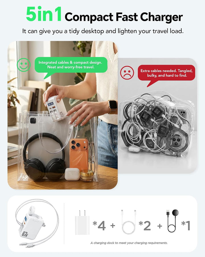 HATALKIN 67W Einziehbares Ladegerät mit Apple Watch Ladegerät, USB Ladegerät Netzteil mit Schnelllad