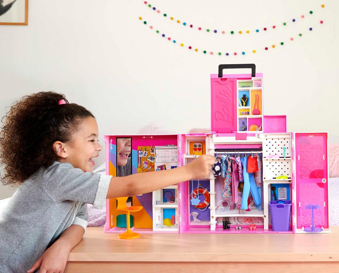 Barbie Traum Kleiderschrank mit Barbie Kleidung und Zubehör, 2 Etagen Wäscheschrank, Arbeitsplatz, S