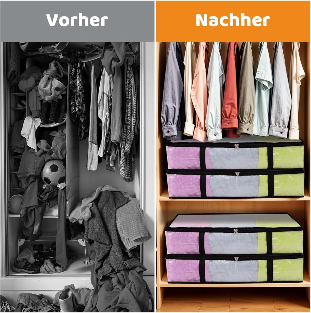 4 Stück 60L Unterbett Aufbewahrungsbox mit Deckel, Transparente Unterbettkommode Faltbare Aufbewahru