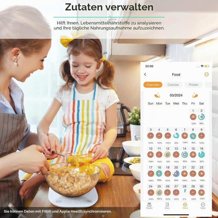 arboleaf Küchenwaage digital mit app 10kg/0,5g, Kalorien Waage USB aufladbar Lebensmittelwaage mit K