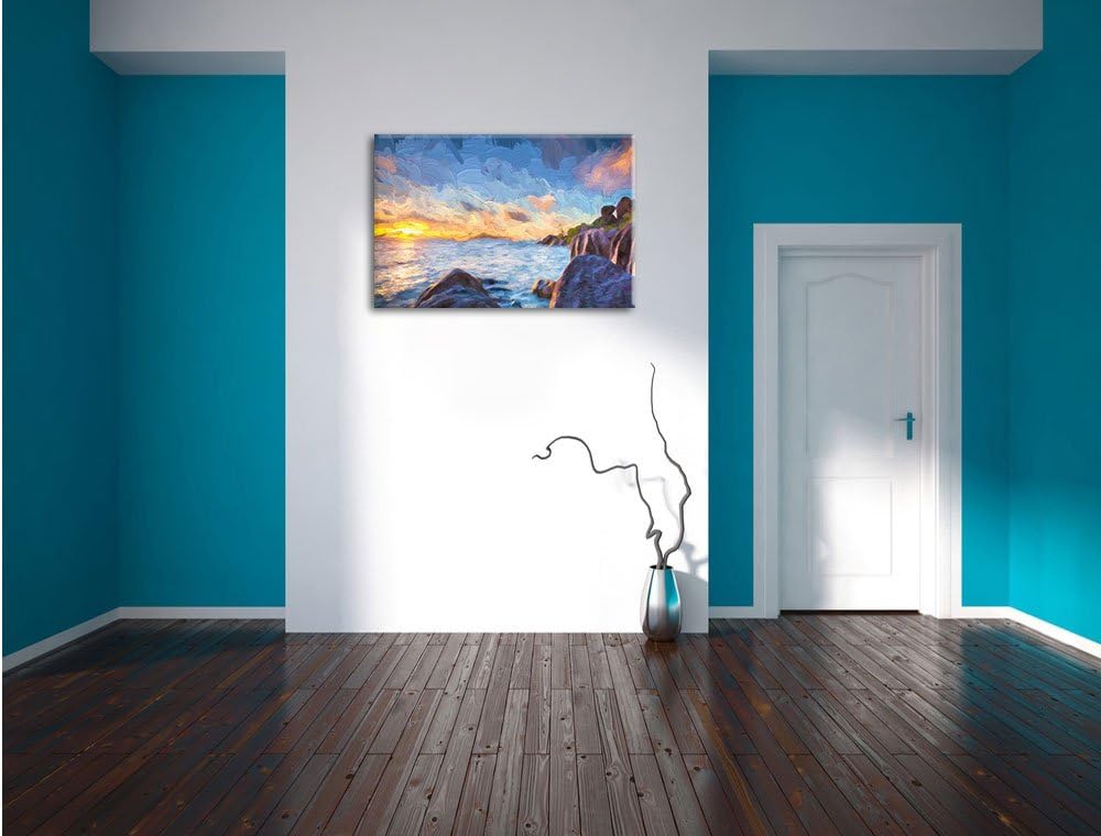 Pixxprint Sonnenuntergang Seychellen Kunst als Leinwandbild/Grösse: 100x70 cm/Wandbild/Kunstdruck/fe