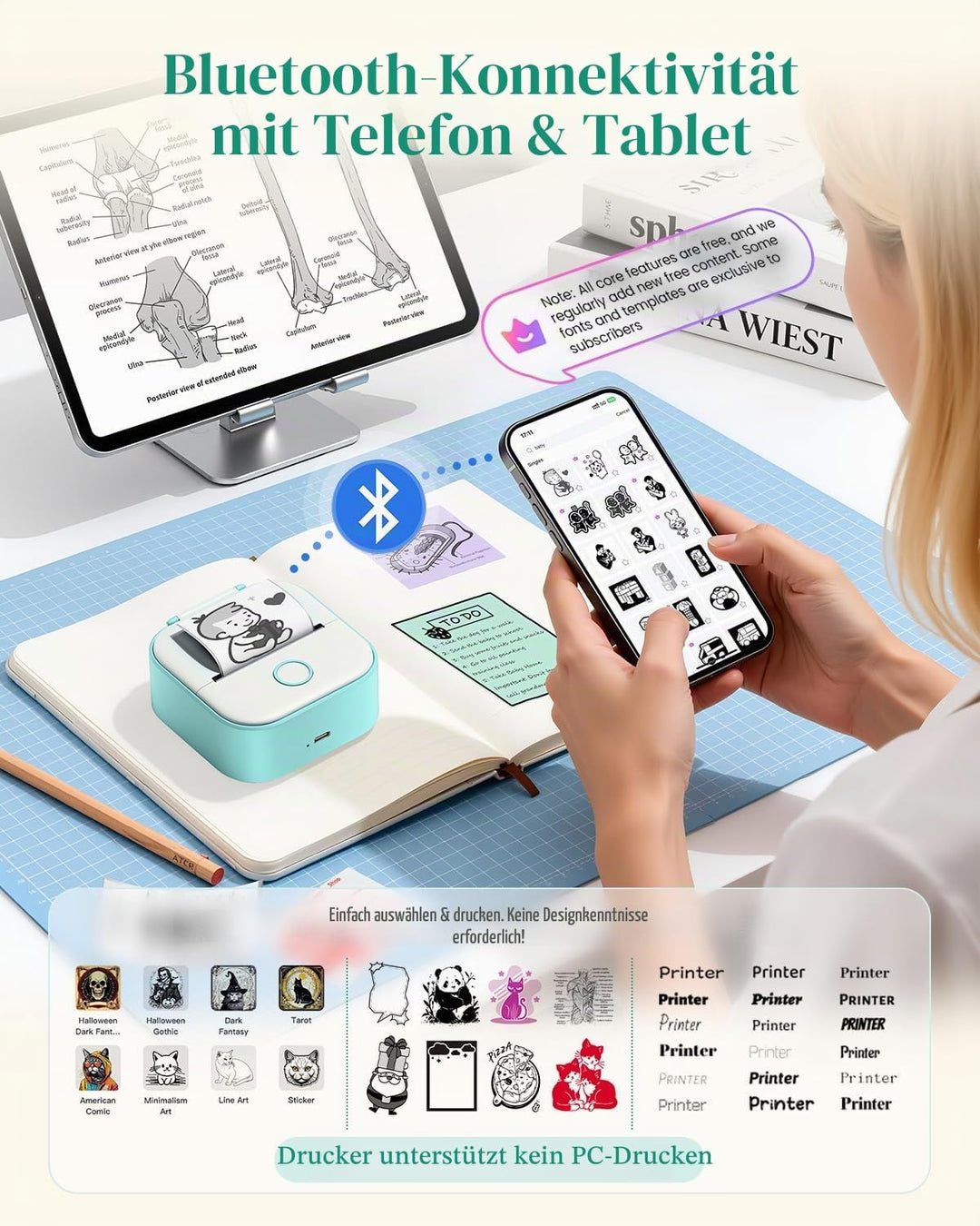 Memoking Mini Drucker für Smartphone, T02 Mini Drucker mit 6 Rollen Papier Grün 1 Drucker + 6 Rollen