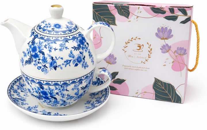 Porcelain Tea for One Set Beautiful Flower Ceramic Teapot with Cup Gifted Box (Blue and White), Blue