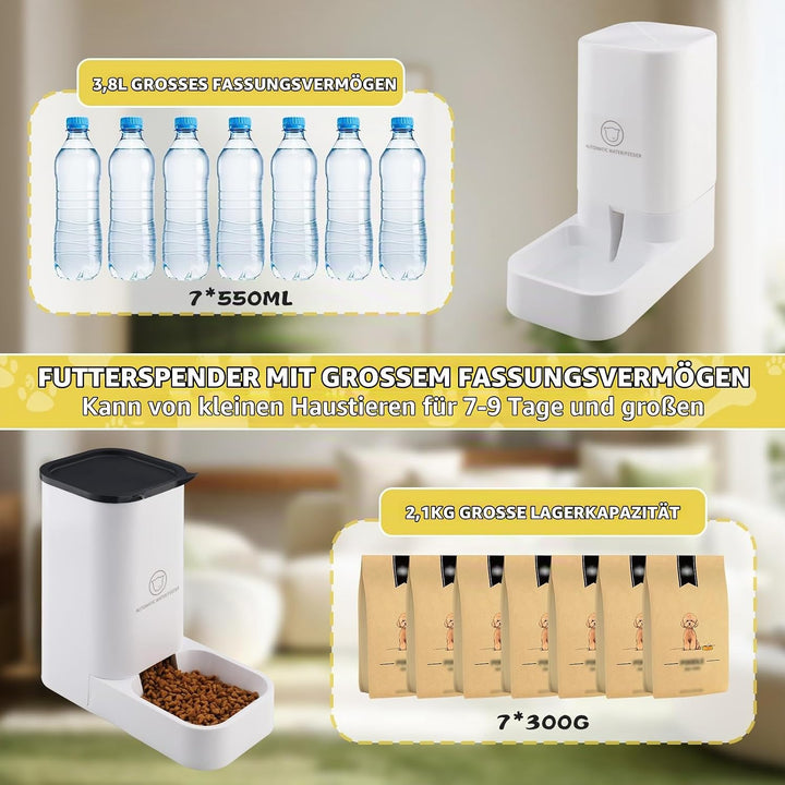 Pfloge® Automatischer Futterspender Katze, 2.1kg Futterautomat Katze und 3.8L Wasserspender Hund, Oh