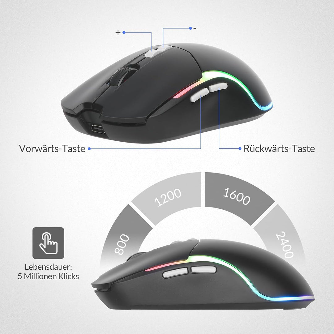 Rii Maus und Tastatur Kabellos Gaming, Tastatur Maus Set, Bluetooth + 2,4GHz Verbindung, LED-Hinterg