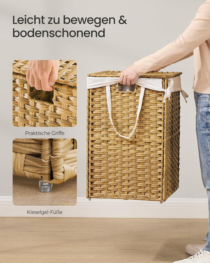 SONGMICS Wäschekorb 2 Fächern, Wäschesammler 160 L, Wäschebox aus synthetischem Rattan, mit Deckel u