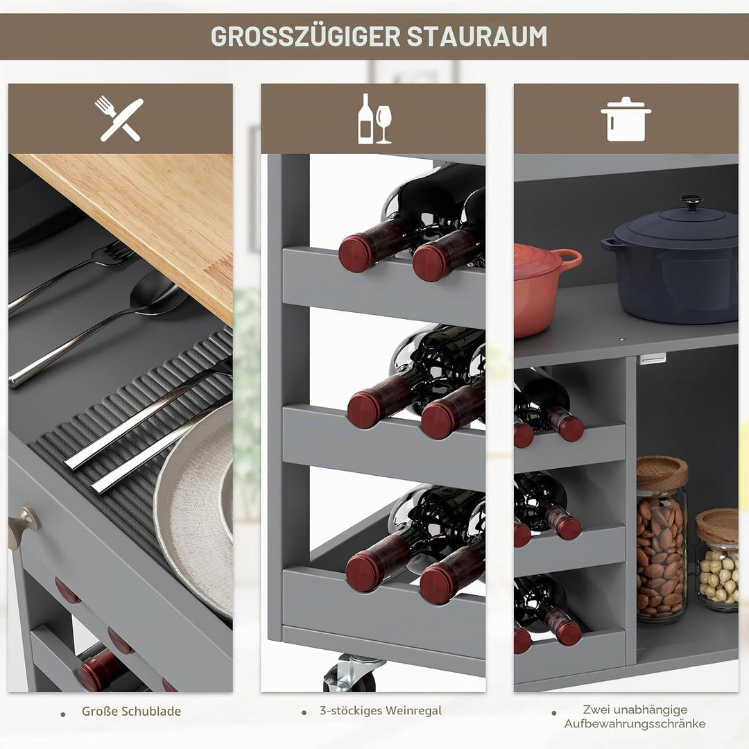 FANTASK Küchentrolley auf Rollen, Küchenschrank Holz mit Schubladen &amp; 3-stöckigem Weinregal &amp; Arbeit