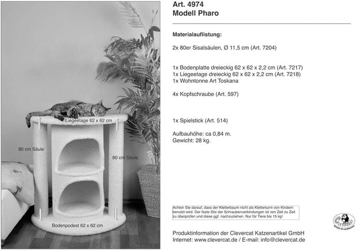 CLEVERCAT Kratzbaum Pharo mit integrierter Sisal Kratztonne für unendliche Kratzmöglichkeiten und vi