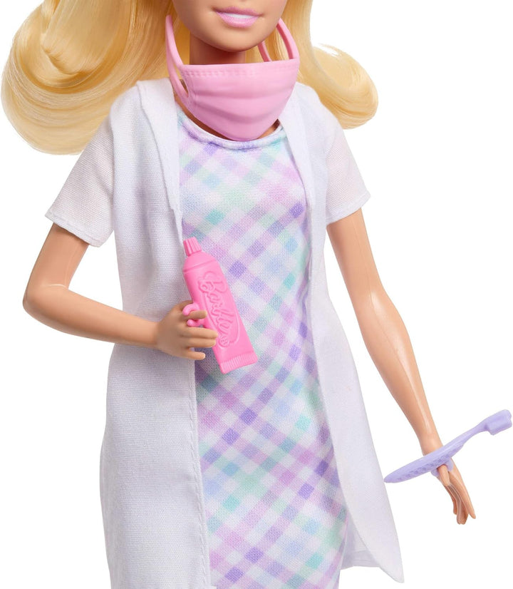 Barbie Karriere Zahnärztin-Spielset mit blonder Barbie-Puppe im Arztkittel, Kleinkind-Puppe, Behandl