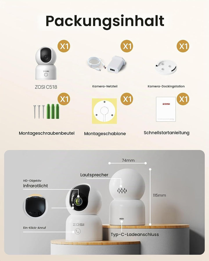 ZOSI 1080P WLAN Überwachungskamera Innen, 360° Schwenkbar IP Kamera Indoor mit EIN-Touch-Call für Ha