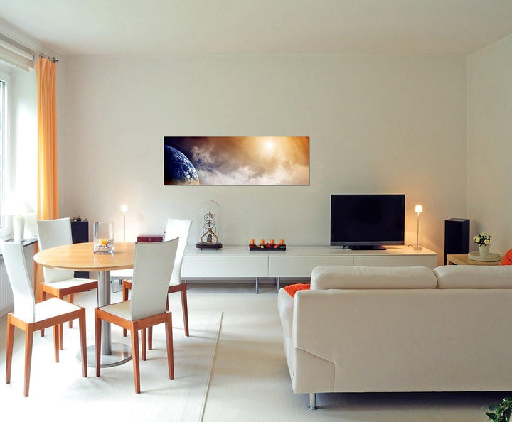 Paul Sinus Art Panoramabild auf Leinwand und Keilrahmen 150x50cm Weltall Planet Erde Wolken Dunst