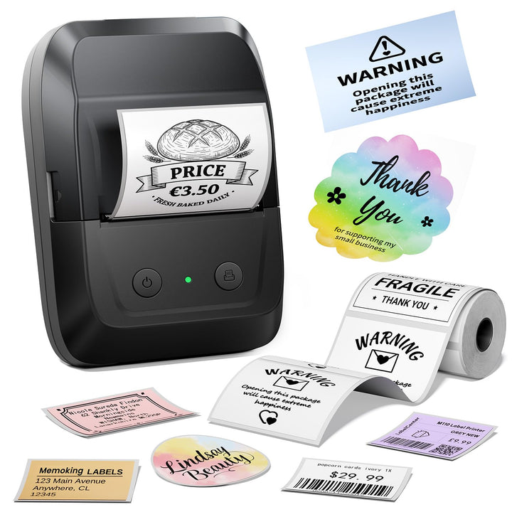 Memoking Etikettendrucker Selbstklebend, Bluetooth Label Printer mit 2000 Symbolen und 300 Vorlagen,