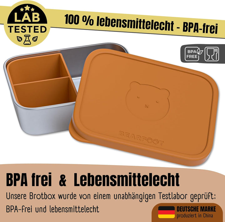 BEARFOOT Edelstahl Brotdose Kinder mit Silikondeckel (Braun, 700 ml) | BPA-frei, auslaufsicher, Brot
