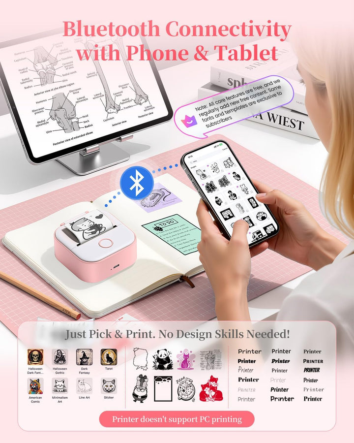 Memoking Mini Drucker, T02 Mini Aufkleberdrucker Teenager Mädchen Geschenke Rosa 1 Drucker + 3 Rolle