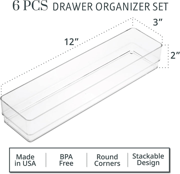 Schubladen-Organizer aus Kunststoff, transparent, 30,5 x 7,6 x 5,1 cm, 6 Stück 12" x 3", 12" x 3"
