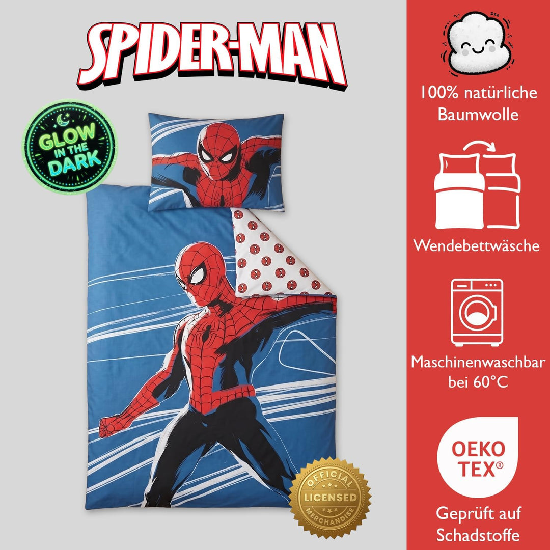 Spiderman-Bettwäsche-Set für Kinderbett 100x135 cm + Kissenbezug 40x60 cm, 100% Baumwolle, nachtleuc