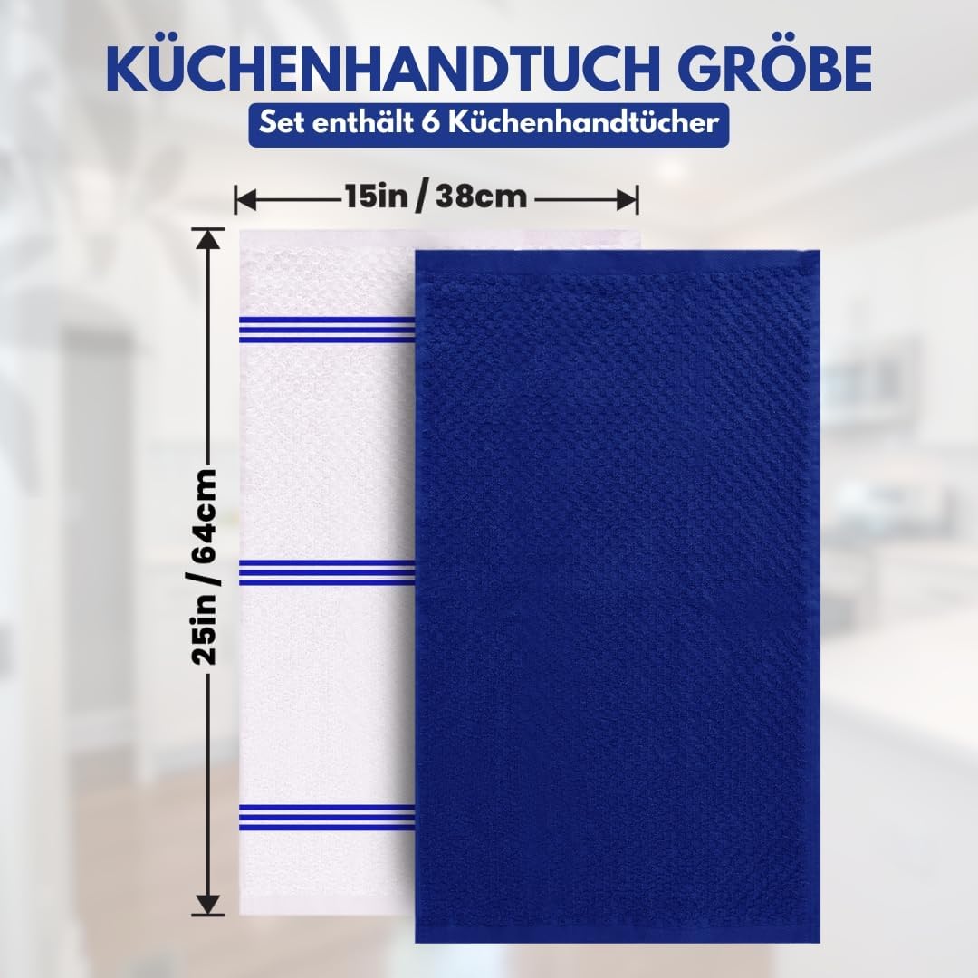 Premium Küchentücher,6 Stück, 100 % Baumwolle, 38.1x63.3 cm, Frottee-Küchentücher, blaues Geschirrtu