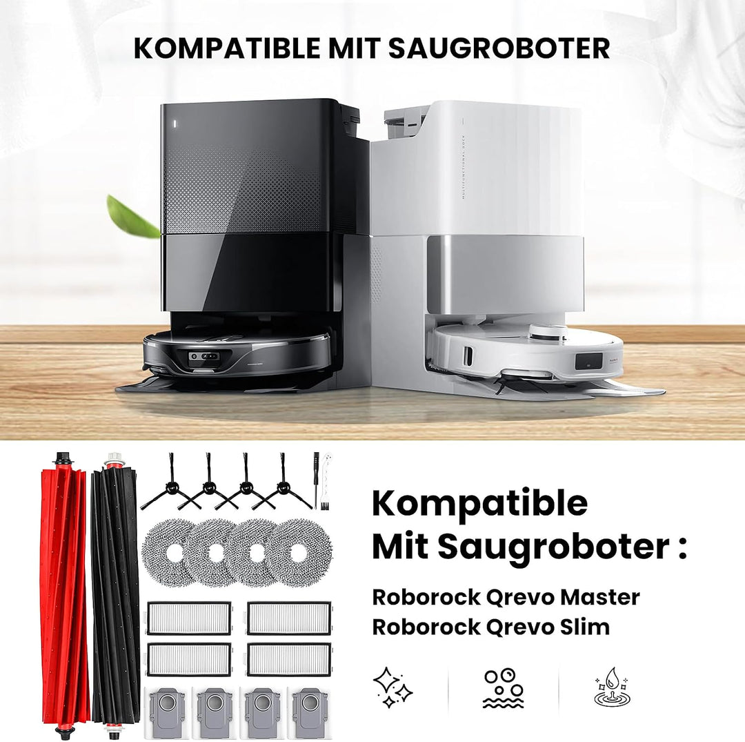 20 Stück Zubehörset für Roborock Qrevo Master/Qrevo Slim Saugroboter, 2 Hauptbürste 4 Staubbeutel 4