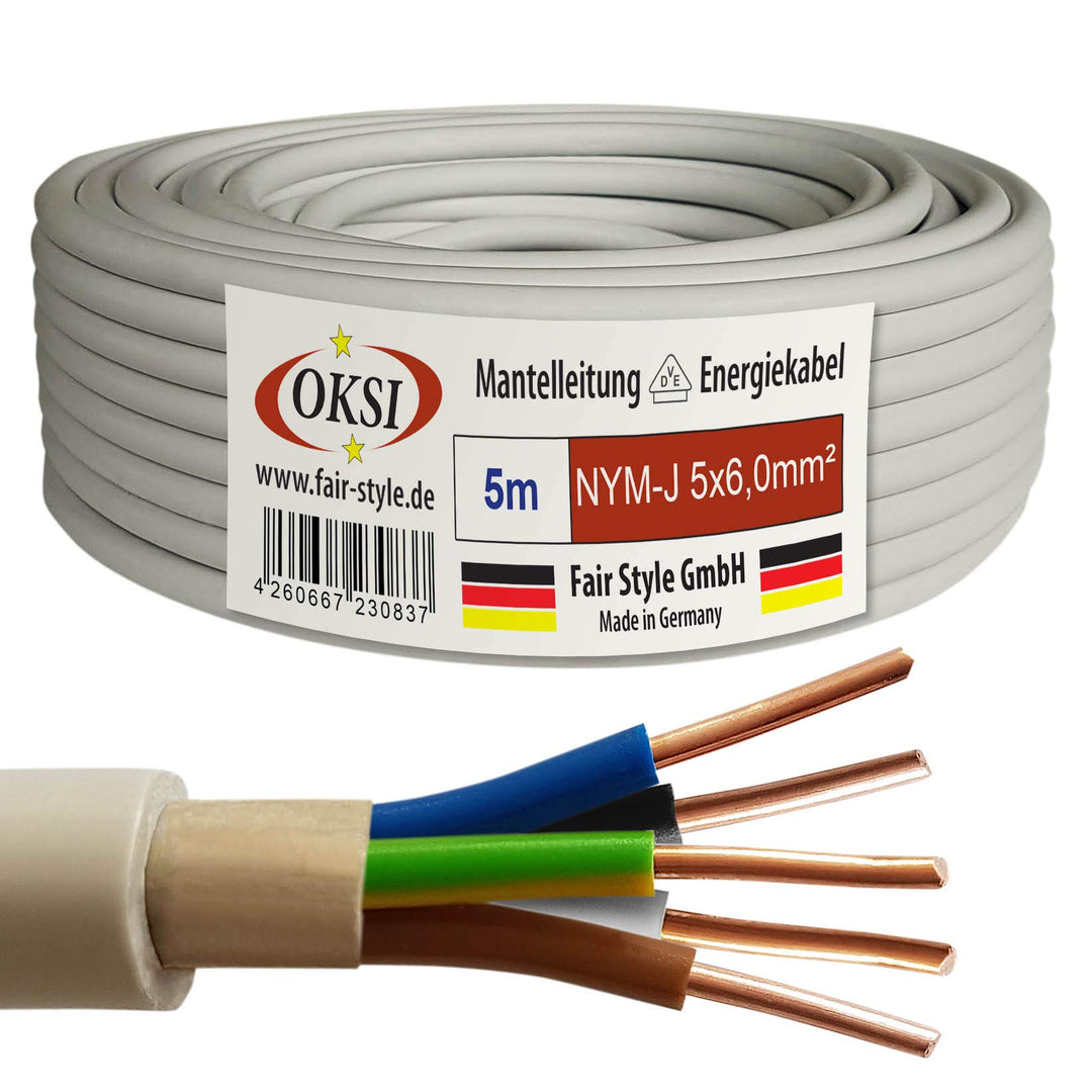 OKSI 5m NYM-J 5x6,0 mm² Mantelleitung Feuchtraumkabel Elektrokabel Kupfer Made in Germany, 5m NYM-J