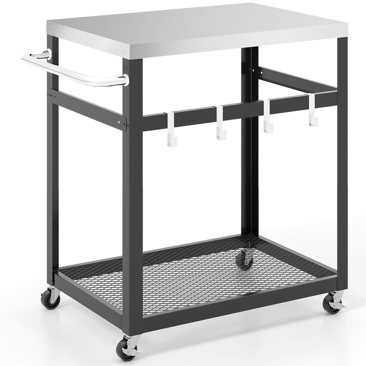 GYMAX Rollender Servierwagen, Grillwagen mit Edelstahl Arbeitsplatte, Rollwagen mit 4 Rädern, Haken