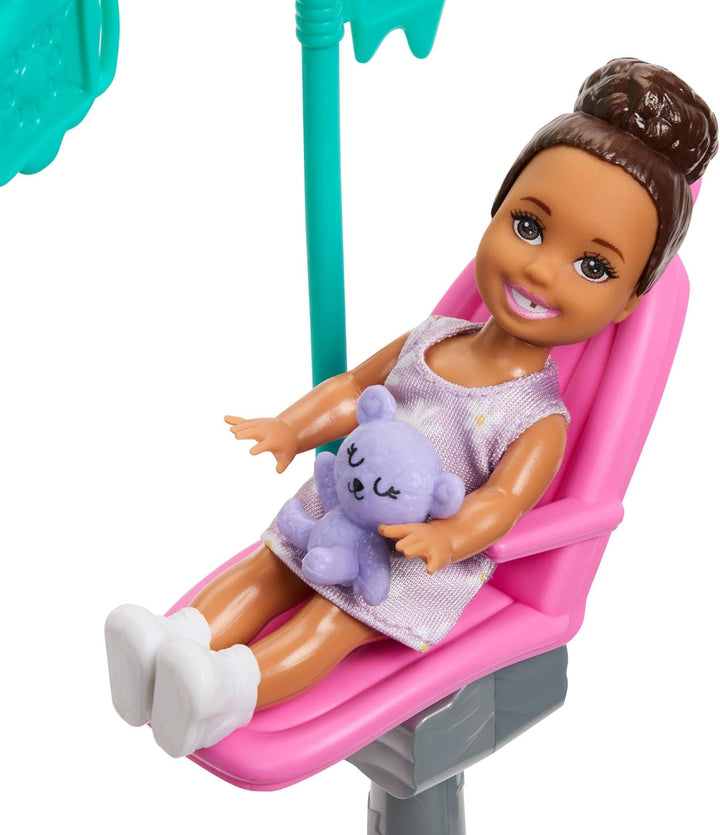 Barbie Karriere Zahnärztin-Spielset mit blonder Barbie-Puppe im Arztkittel, Kleinkind-Puppe, Behandl