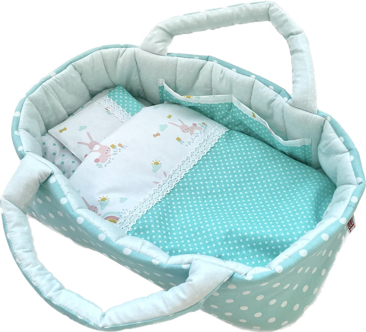 Puppentragetasche für Puppen 45-50 cm mit Bettwäsche, Pastell Grün, Hasen, Polka Dot, Baumwolle, Was