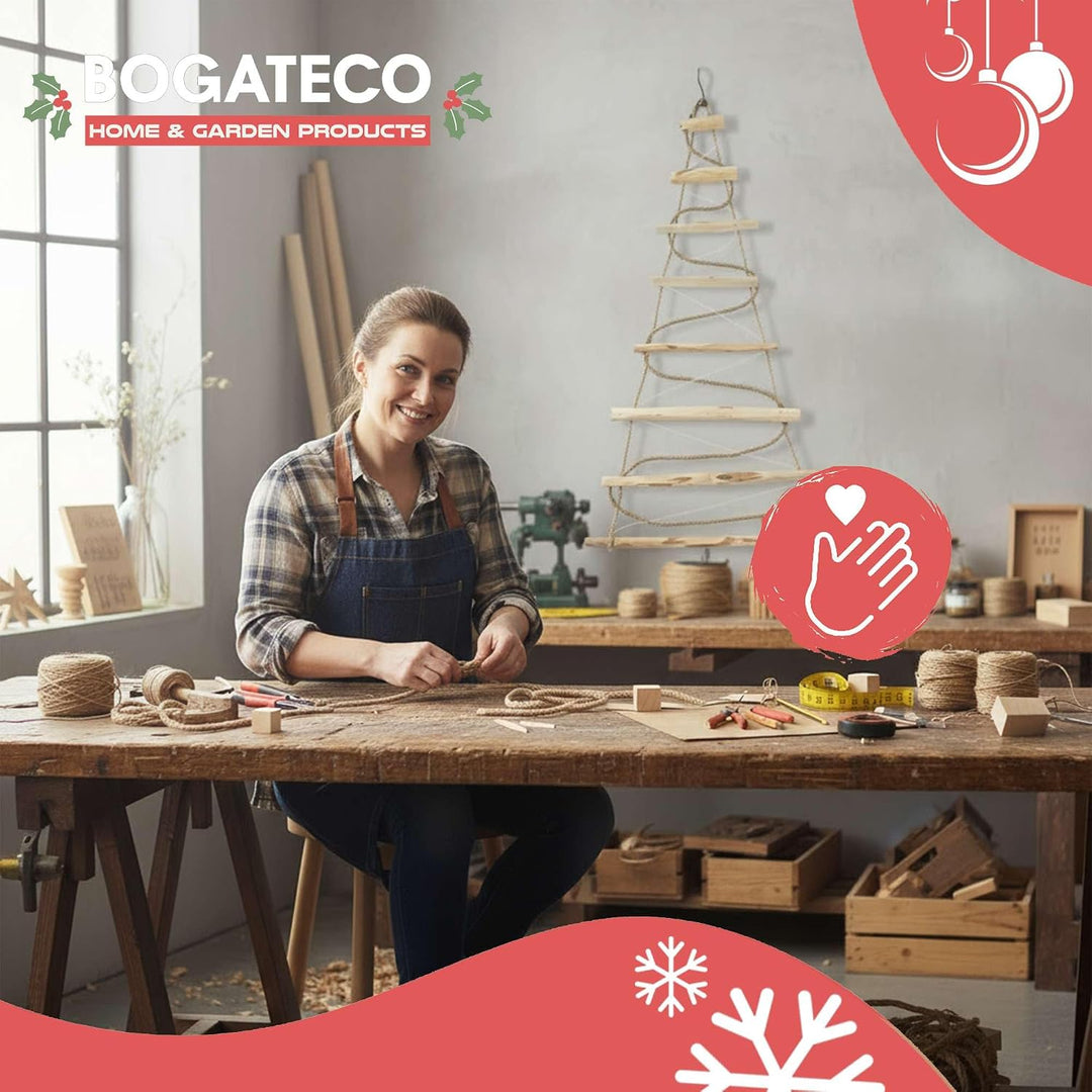 BOGATECO Handgemacht Weihnachtsbaum 205 cm hoch, aus Haselnussholz | Deko Anhänger | mit 10 m LED-Le