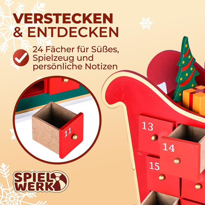Spielwerk® Wiederverwendbarer Adventskalender Schlitten zum Befüllen 24 Türchen Bunt Bemalt Weihnach