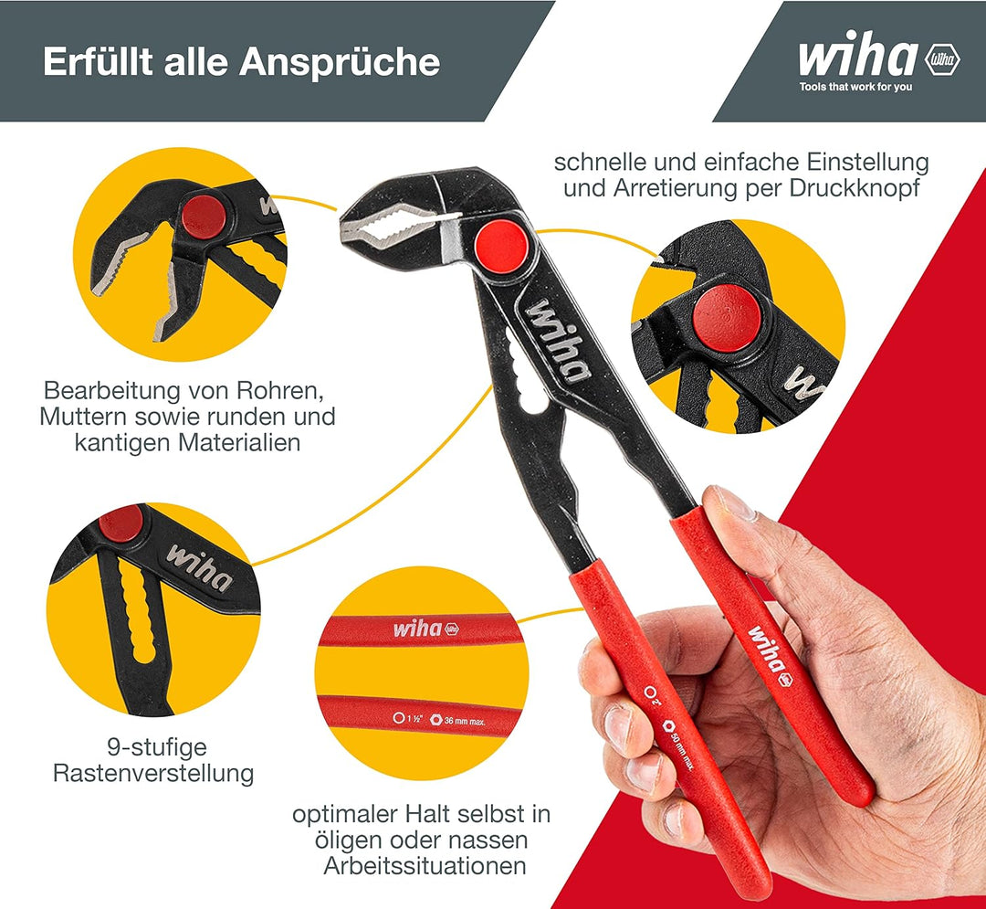 Wiha Wasserpumpenzange mit Druckknopf Classic (27383) I Wapu Zange 250 mm I durchgestrecktes Gelenk