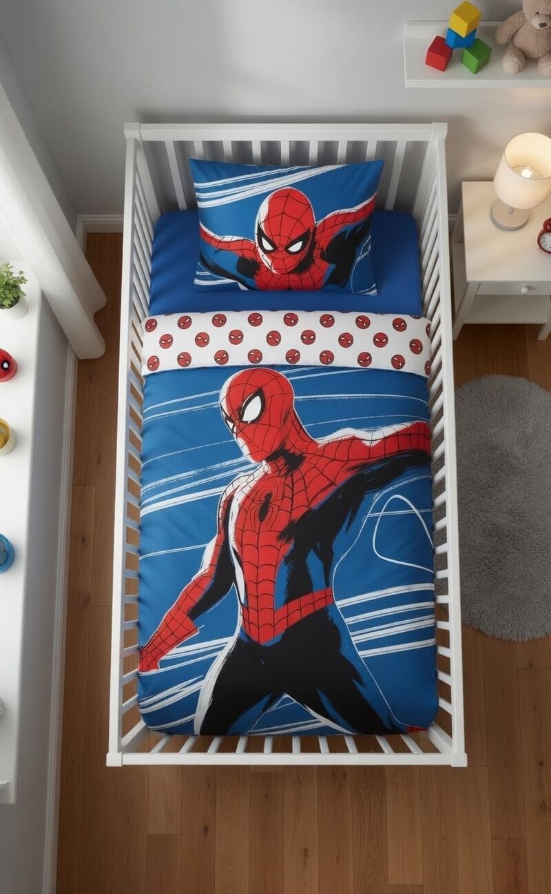 Spiderman-Bettwäsche-Set für Kinderbett 100x135 cm + Kissenbezug 40x60 cm, 100% Baumwolle, nachtleuc