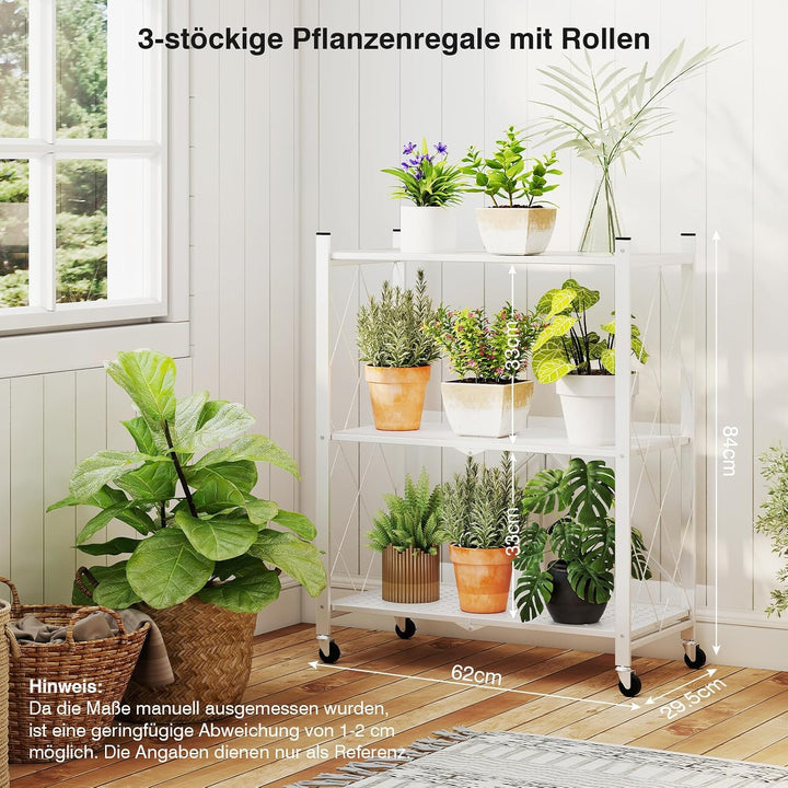 ALANNG Blumenständer mit Rädern, 3 Ablagen Stabiler Pflanzenständer, Metall Pflanzenregal Indoor Ein