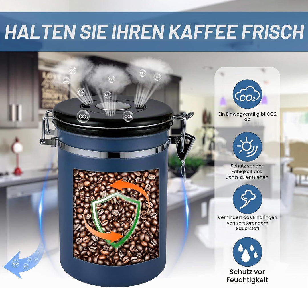 ROCKY&amp;CHAO Kaffeedose Luftdicht aus Edelstahl 1,8L Kaffeebhnen Behälter 600g Vorratsdose für Tee Nüs