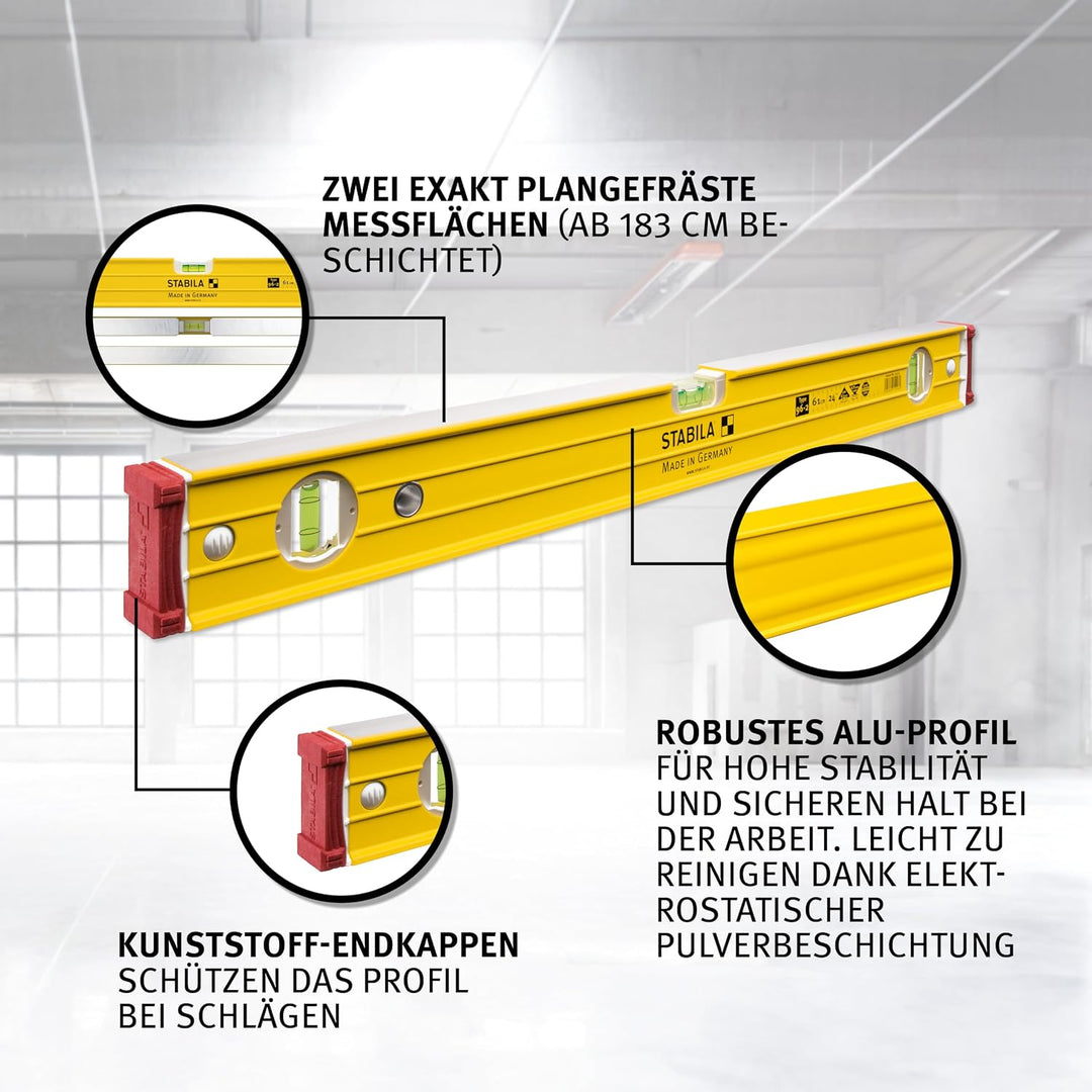 STABILA Wasserwaage Type 96-2, 122 cm, extrasteifes Alu-Profil, 1 Horizontal-Libelle, 2 Vertikal-Lib