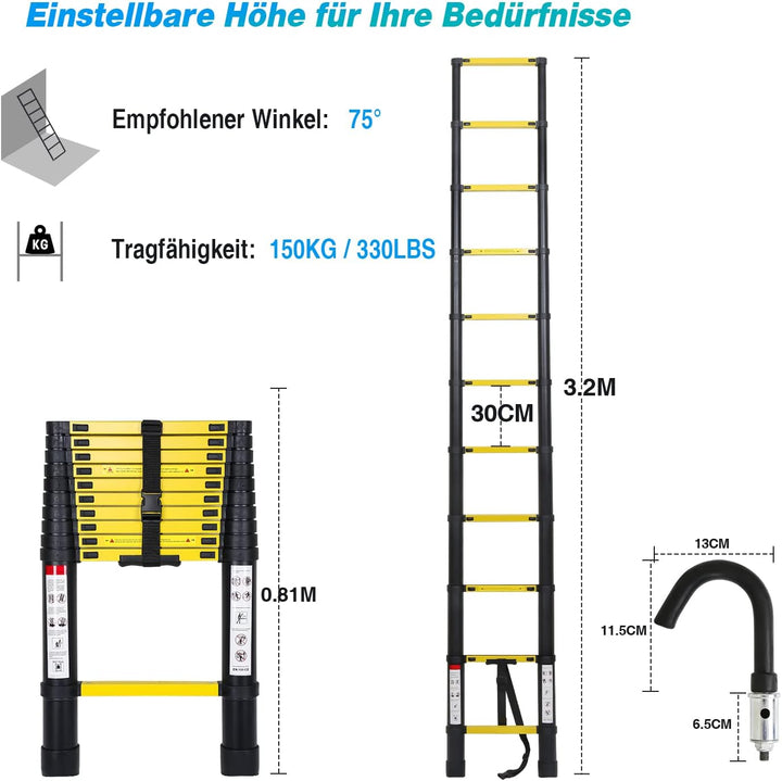 Aluminium Teleskopleiter mit Abnehmbarem Haken, Cecaylie 3.2M Ausziehbare Leiter, Rutschfester Alule