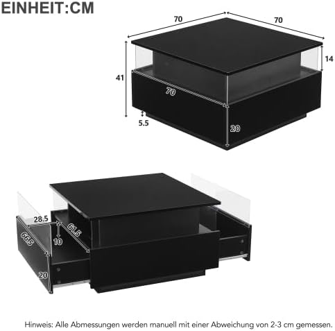 Merax Moderner Couchtisch mit LED-Beleuchtung, 70x70x41cm, Wohnzimmertisch &amp; Beistelltisch Couch, 2