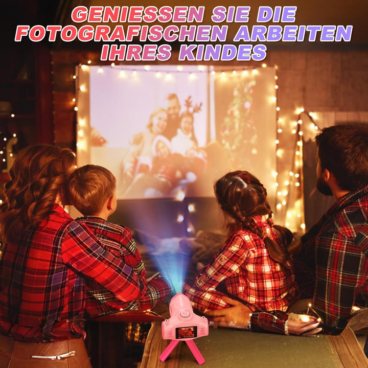 2 in 1 Kinderkamera mit Projektion, Stativ, 32GB-Karte, grosser Akku, Geschenk für 3-12 Jahre (Rosa)