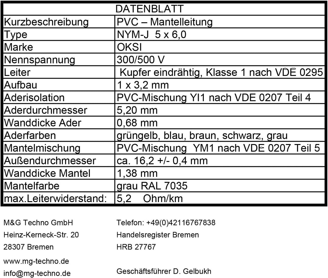 OKSI 5m NYM-J 5x6,0 mm² Mantelleitung Feuchtraumkabel Elektrokabel Kupfer Made in Germany, 5m NYM-J