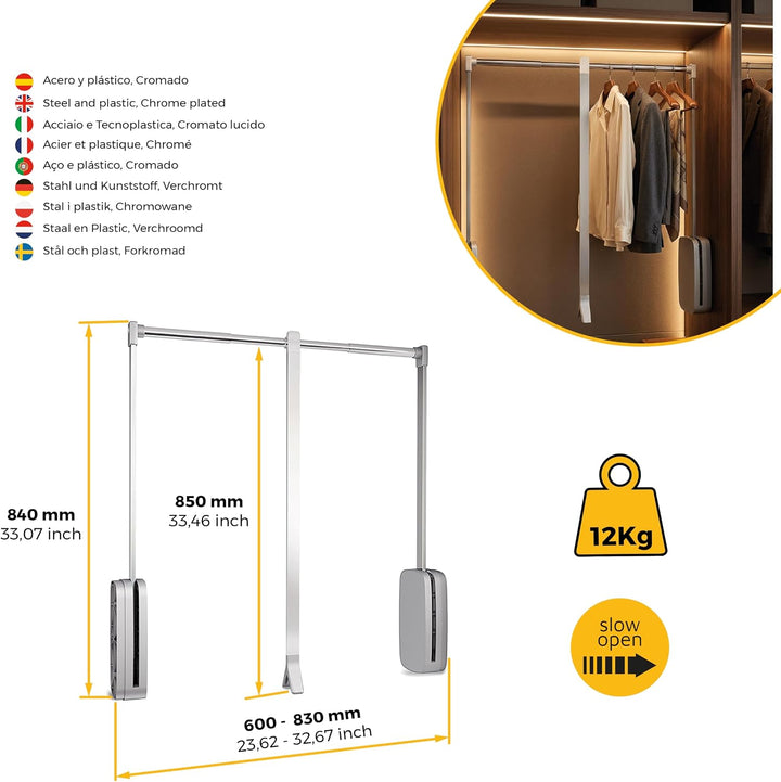 EMUCA Kleiderlift für Schrankbreite, kleiderschranklift, 600-830mm breite regulierbar, Verchromt, Me