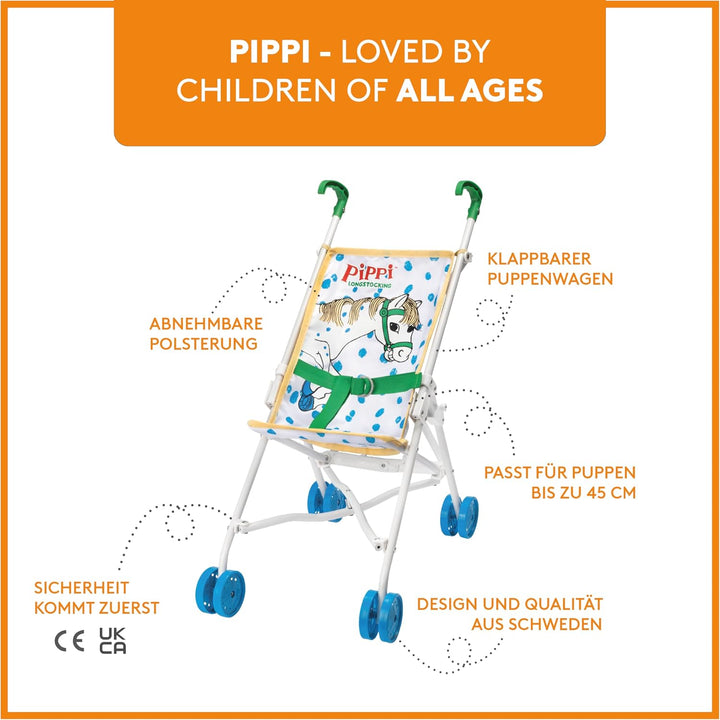 Pippi Langstrumpf Puppenwagen – Puppenbuggy für Kinder – Zusammenklappbarer Buggy für Puppen – Pippi