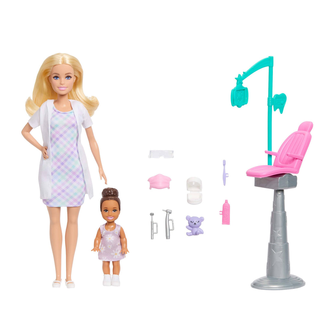 Barbie Karriere Zahnärztin-Spielset mit blonder Barbie-Puppe im Arztkittel, Kleinkind-Puppe, Behandl