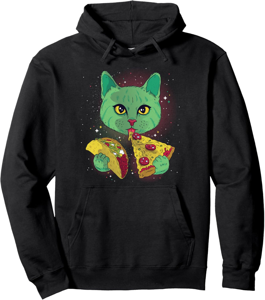 Katze mit Pizza und Taco im Weltall für Männer und Frauen Pullover Hoodie