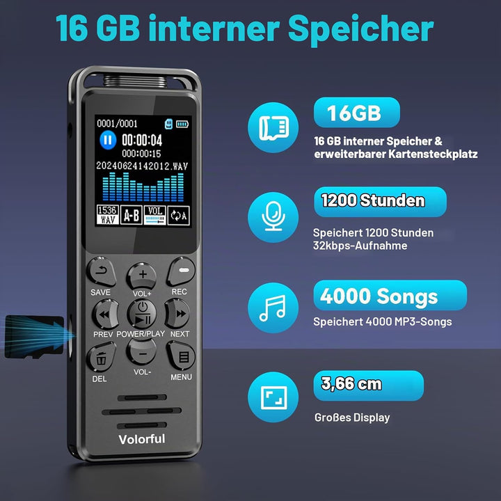70 Std Diktiergerät Digital, Speicherkarte Einsteckbar | 16GB integrierter Speicher Aufnahmegerät, 1