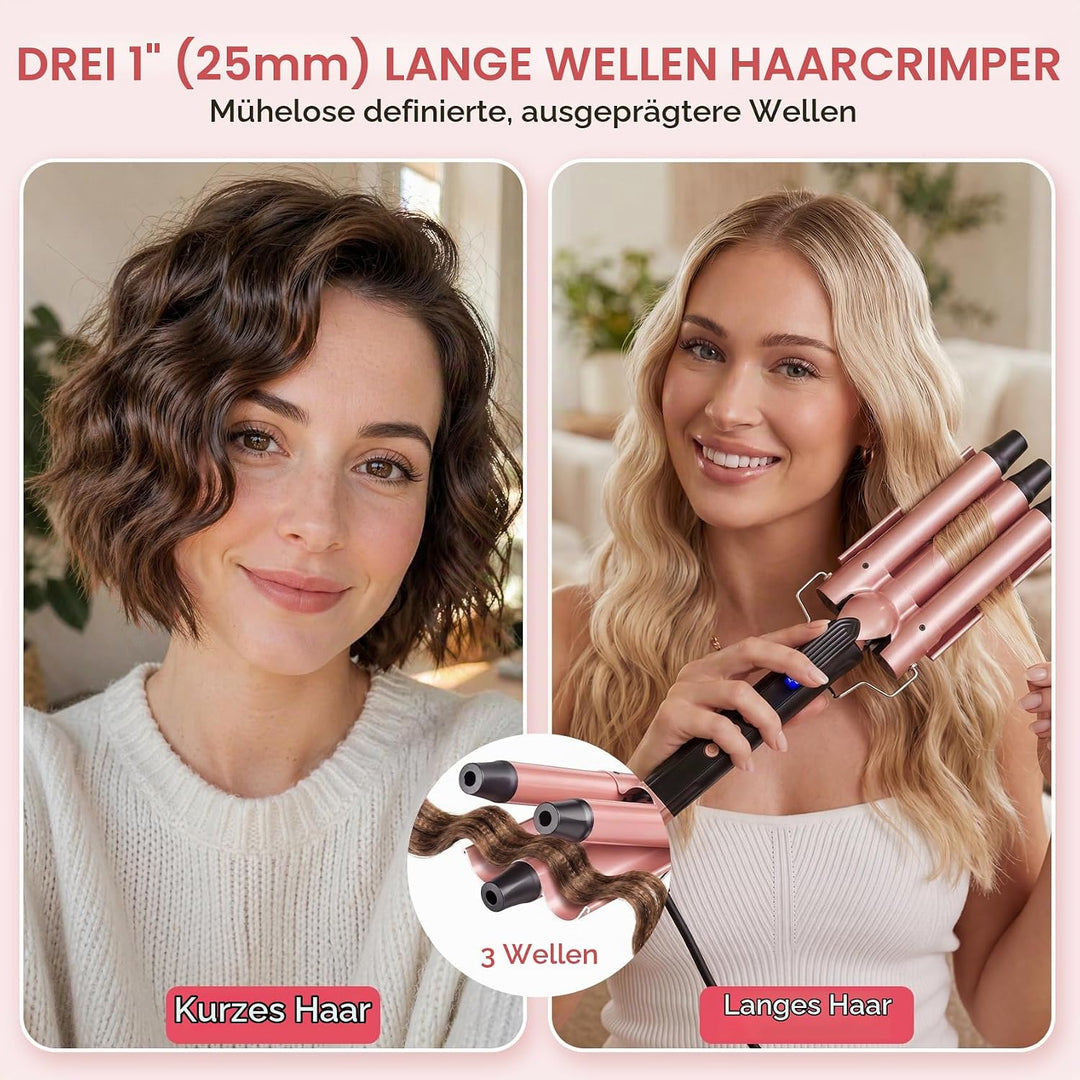 3 Fässer Welleneisen 25mm, 14 Stufen (100-230°C), Quarz-Keramik | Beach Waves Lockenstab Grosse Well