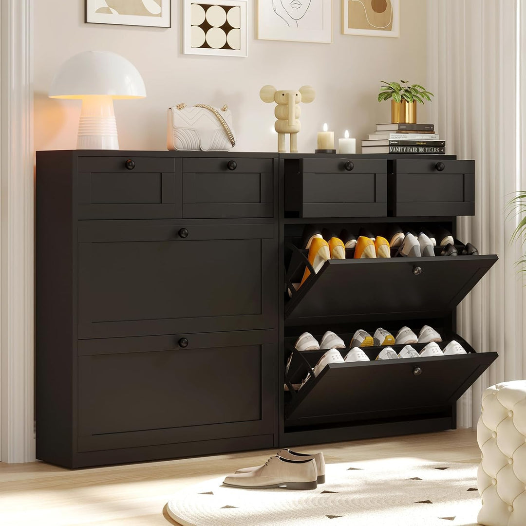 VOWNER Schuhschrank mit 2 Klappen, Schuhregal Schuhkipper Schmal, Schuhschrank Schwarz, Schuhablage