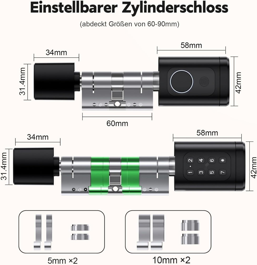 Türschloss Fingerabdruck, Verstellbares Elektronisches Türschloss 60-90mm (30/30, 45/45), Smart Lock