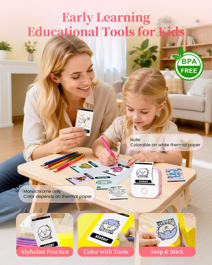 Memoking Mini Drucker, T02 Mini Aufkleberdrucker Teenager Mädchen Geschenke Rosa 1 Drucker + 3 Rolle
